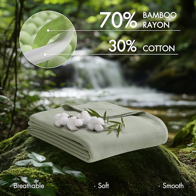 Madison Park Twin Size Blanket, 70% Rayon Bamboo-Based, 30% Cotton, Breathable for Hot Sleepers Menopause, Ultra Soft and Snag-Resistant, Summer Blanket for Bed or Couch, Twin 66"x90", Sage Green