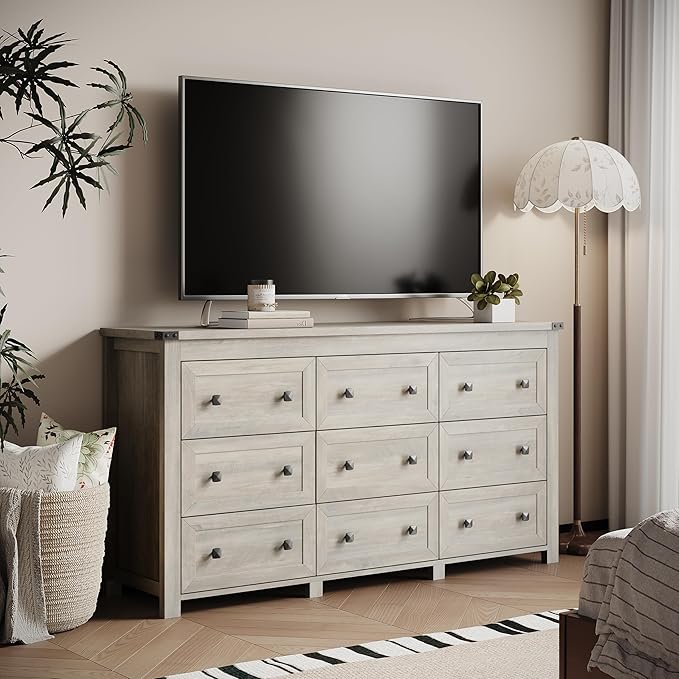 Dresser for Bedroom with 9 Drawers, Farmhouse Wood Chest of Drawers, Wide TV Stand Closet Storage Furniture with Metal Handle, Modern Clothes Organizer for Hallway, Living Room, Entryway, Light Grey