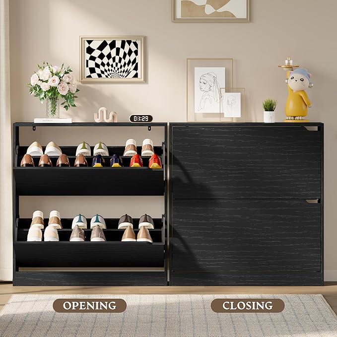 Shoe Cabinet with 2 Flip Drawers, Slim Narrow Shoe Storage Cabinet, Freestanding Shoe Organizer with Adjustable & Removable Shelves, Top Display Shelf for Entryway, Hallway, Foyer, Closet
