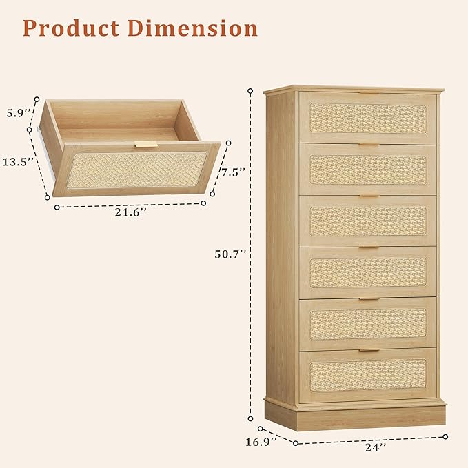 6 Drawer Tall Dresser for Bedroom, 50 Inch Tall Dressers & Rattan Chest of Drawers, Boho Style, Wood Modern Dressers Organizer for Bedroom, Living Room, Hallway, Entryway, Natural Oak