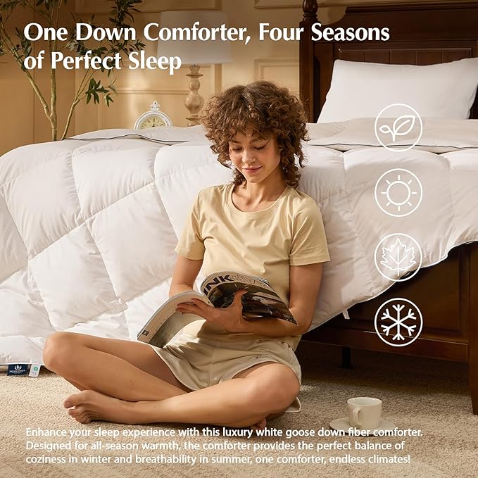 Pacific Coast Goose Feather Down Comforters Twin Size, 100% Cotton Extra Fluffy White Duvet Insert, Soft, Breathable, All Season Hotel Luxury Bedding Comforters, 8 Corner & Center Loops (68"x90")