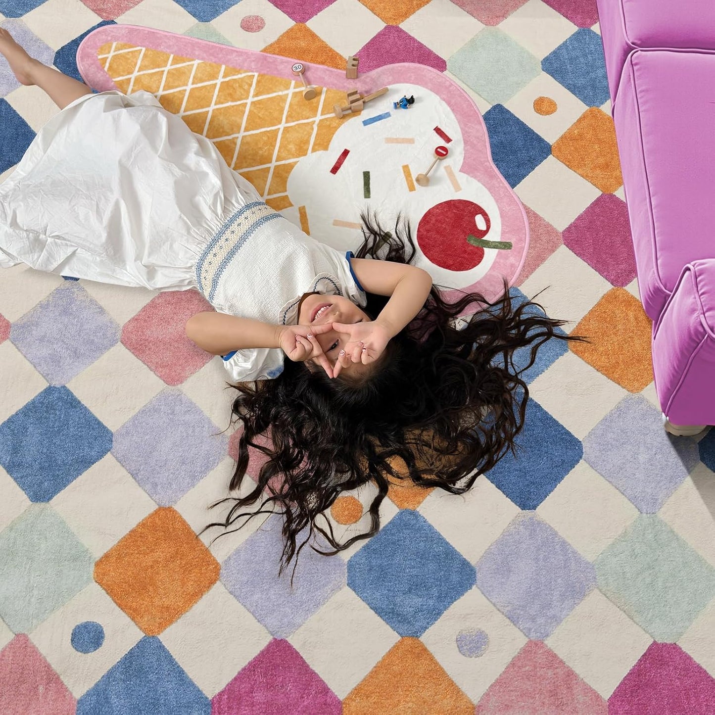 jinchan Kids Rug for Nursery 6ft Radius Corner Washable Area Rug Modern Colorful Quarter Circle Rug Soft Non-Slip Carpet for Bedroom Playroom Daycare Reading Nook Kitchen Classroom Berries on Cream