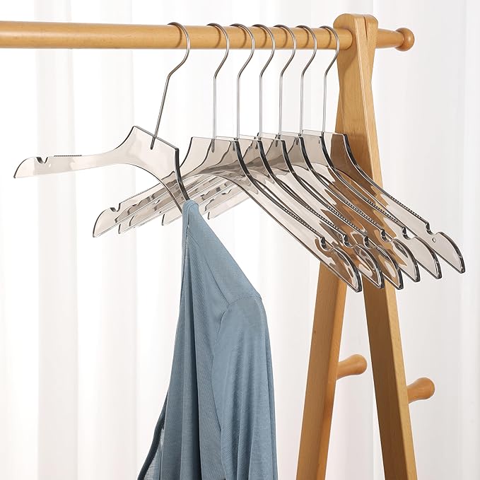 Clear Hangers 10 Pack, Crystal Clear Luxury Non-Slip Hangers for Suits, Coats, Dresses, Heavy Duty Thin Design Saves Closet Space Smoky Gray
