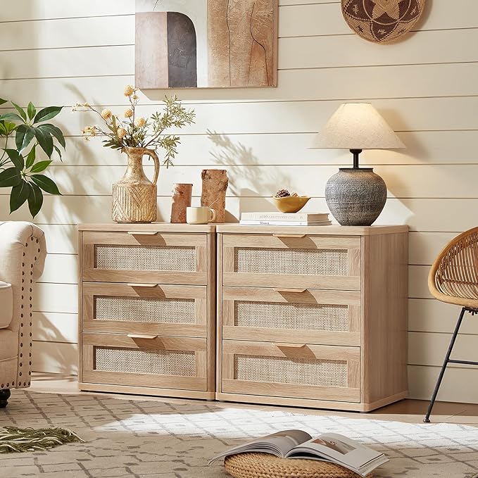 LEYAOYAO Rattan Dresser and Nightstand Sets 3 Piece, Boho Wood Dresser for Bedroom with 6 Drawers and Night Stand with 3 Drawer, Bedroom Furniture, Dressers & Chests of Drawers, Living Room, Hallway