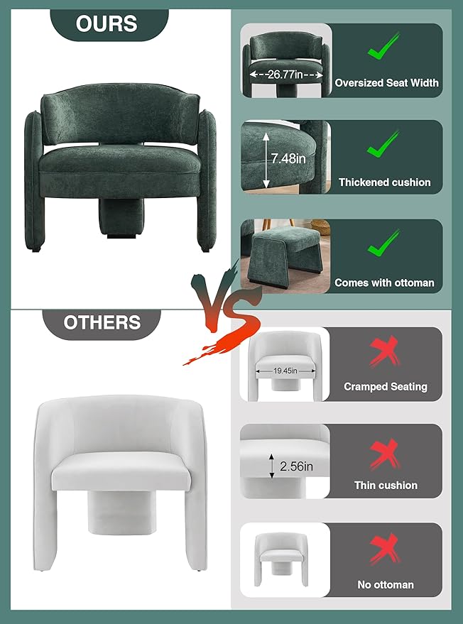 LOULENS Oversized Accent Chair with Ottoman, Modern Upholstered Barrel Chair with Footrest, Comfy Round Armchair for Living Room, Bedroom, Reading Room & Corner (1, Green)