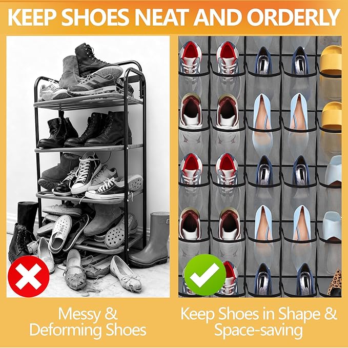 Over the Door Shoe Organizer, 40 Large Mesh Pockets Hanging Shoe Rack Organizer for Closet Behind The Door Storage Holder for Entryway Bedroom Dorm Gray