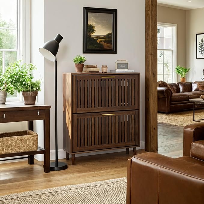Shoe Storage Cabinet with 2 Flip Slatted Drawers, Narrow Wood Shoe Cabinet with Gold Handle, Hidden Entryway Shoe Organizer for Hallway, Foyer, Walnut