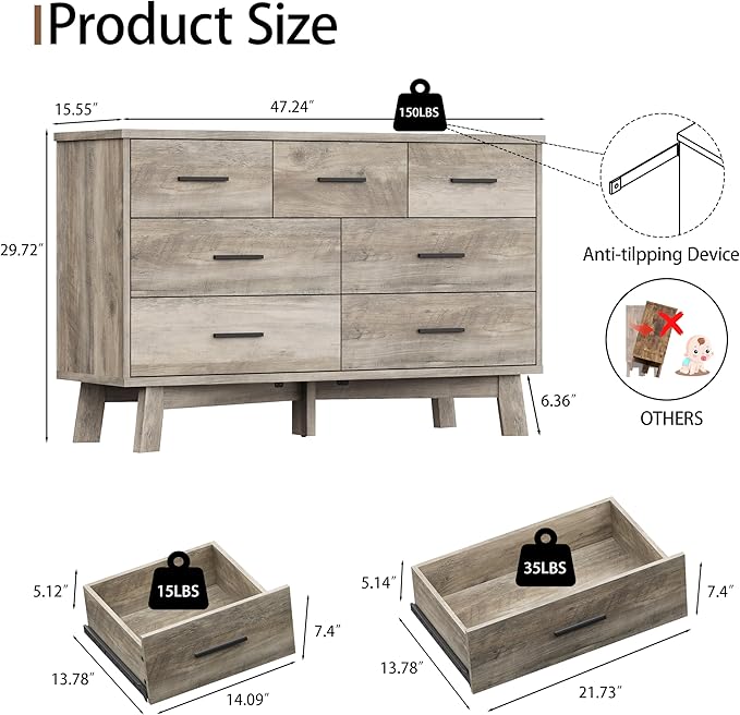 Dresser for Bedroom with 7 Drawer, Wood Modern Chest of Drawers with X-Shaped Sturdy Base, Wide Double Dresser Closet Clothes Storage Organizer, Wooden TV Stand for Living Room, Hallway, Grey
