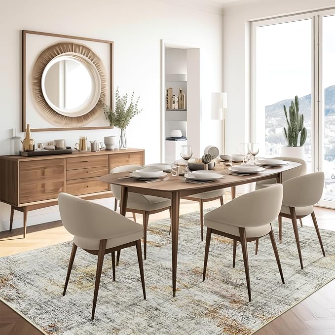 5x7 Area Rugs Gray Rust Low Pile Indoor Washable Trendy Faded Style Rugs for Bedroom Living Room Dining Room Foldable Non-Slip Thin Print Mat
