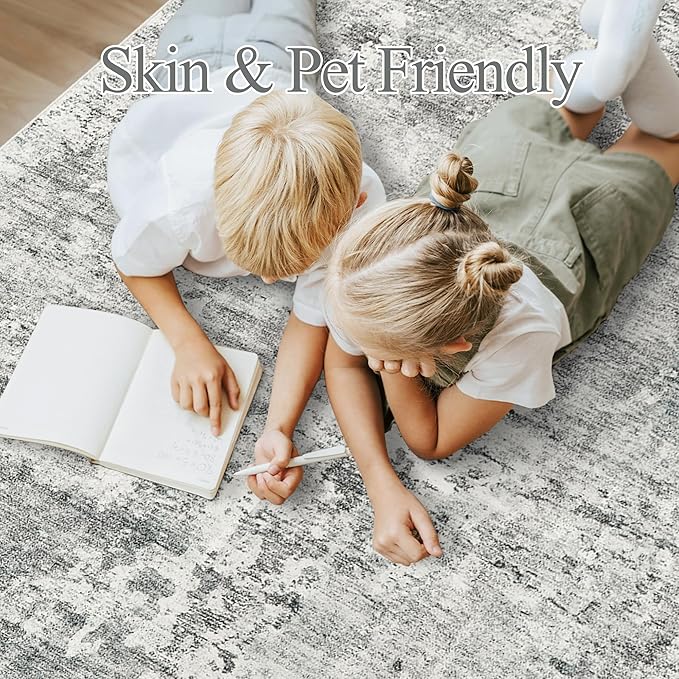 Abstract Rug 5x7 Machine Washable Area Indoor Grey White Low Pile Non-Slip Foldable Thin Accent Rugs for Bedroom Living Room Dining Room