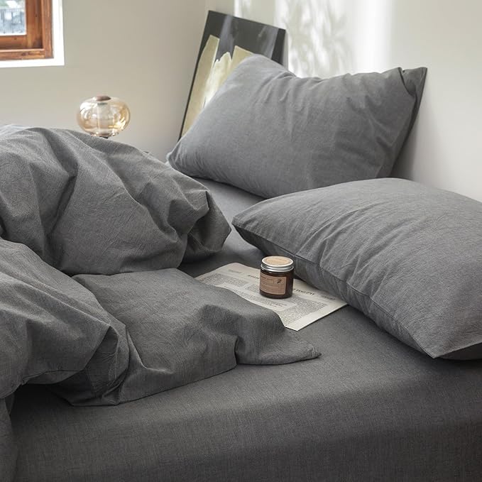 FOSSA Duvet Cover Set 100% Washed Cotton Linen Feel Super Soft Breathable Cozy 3 Pieces Bedding Sets Solid Dark Grey Super King Plus