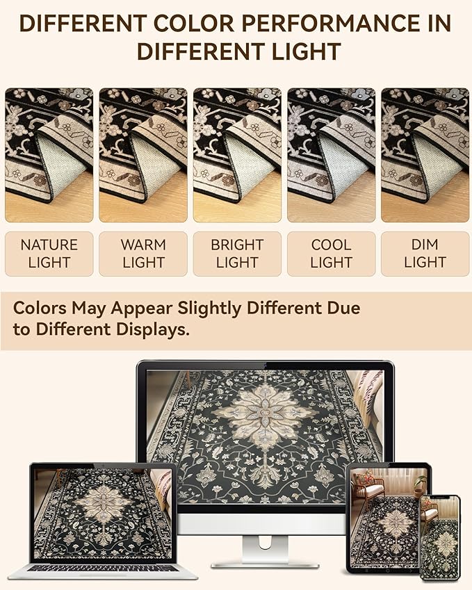 Area Rugs 8'x10' Washable Non-Slip, Floral Vintage Distress Print Pattern Medallion Carpet for Living Room Bedroom Dining Room, Black Brown Neutral Dark Tan
