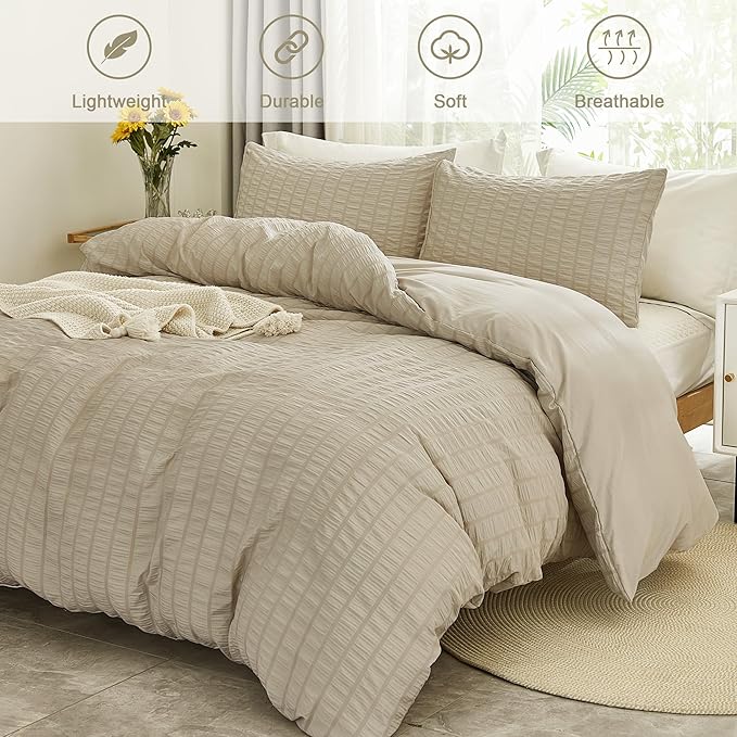 AveLom Beige Seersucker Duvet Cover Set King Size (104 x 90 inches), 3 Pieces (1 Duvet Cover + 2 Pillow Cases), Ultra Soft Washed Microfiber, Textured Duvet Cover with Zipper Closure, Corner Ties