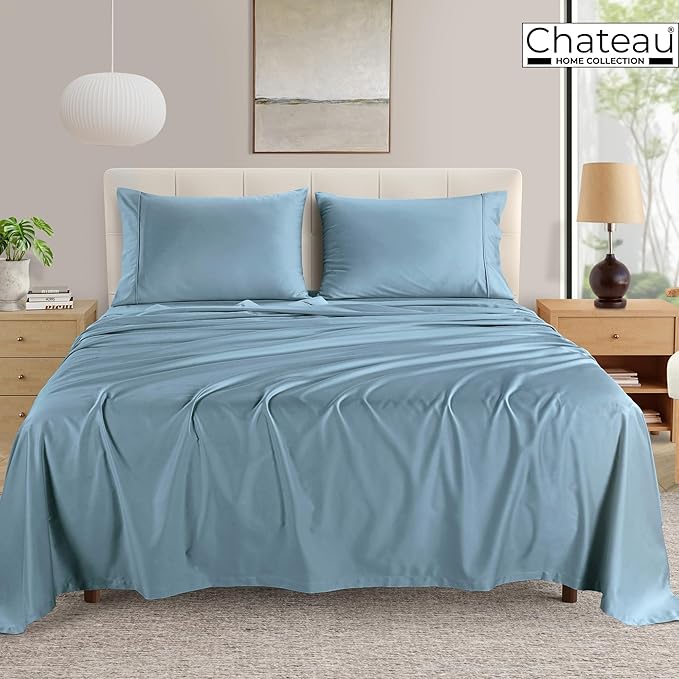 100% Cotton Sheets For King Size Bed, Certified 400 Tc Deep Pocket King Sheet Set, Elasticated Sheet & Pillowcase Sets, No Pill & Shrink, Soft & Comfy Naturally Cool & Breathable- French Blue