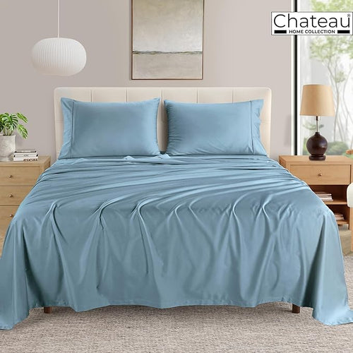 100% Cotton Sheets For King Size Bed, Certified 400 Tc Deep Pocket King Sheet Set, Elasticated Sheet & Pillowcase Sets, No Pill & Shrink, Soft & Comfy Naturally Cool & Breathable- French Blue