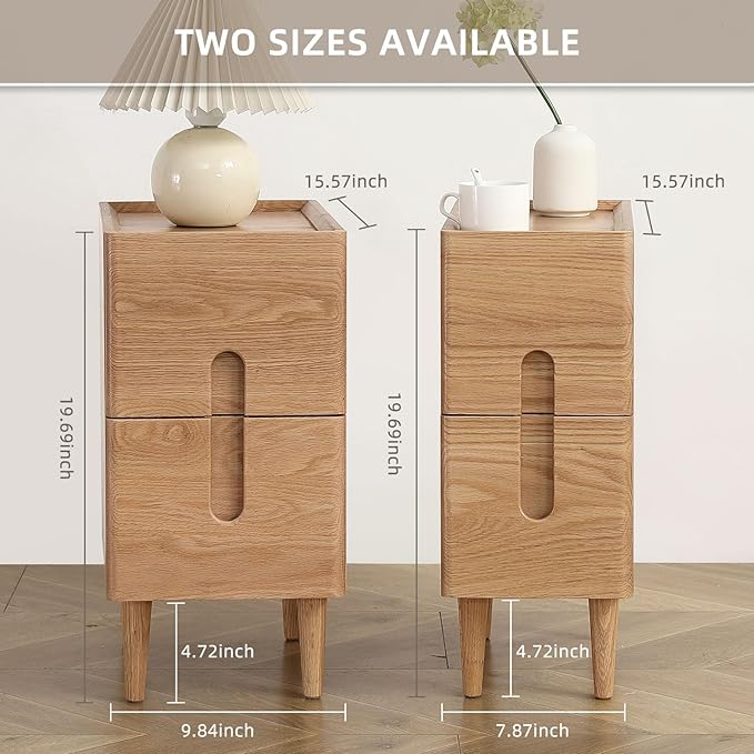 Solid Wood Bedside Table Nightstands, Slim Narrow Oak Real Wooden Mid-Century Modern End Table with Drawers Luxury Side Table Durable Cabinet Organizer Furniture, Natural Color 9.84in Wide
