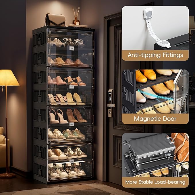 JEKO&JEKO 10-Tier Foldable Shoe Storage Cabinet with Magnetic Doors, Large Stackable Shoe Organizer Cabinet for Entryway (Black)