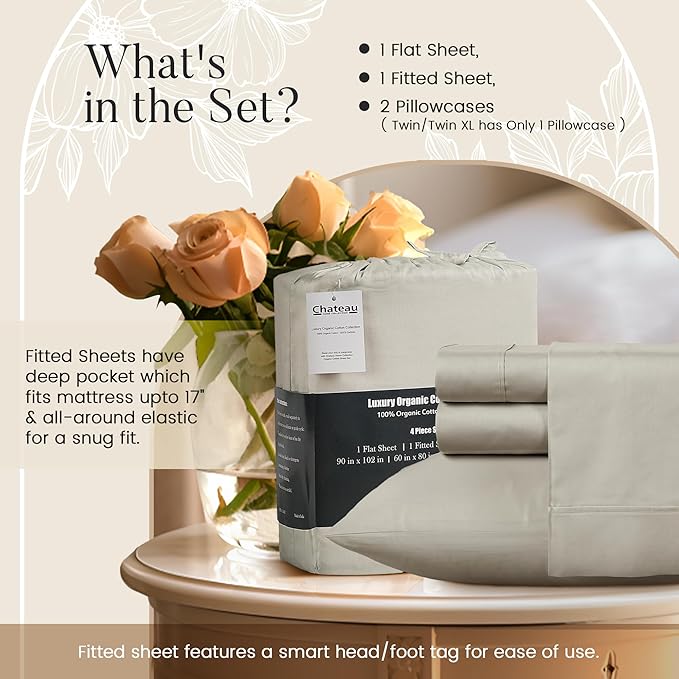 300 Thread Count 100% Organic Cotton Twin Sheets Set for Twin Mattress, 15" Deep Pocket Sheets, No Pilling & Shrinkage, Machine Washable Fade Resistant Luxury Hotel Bedding – Silver
