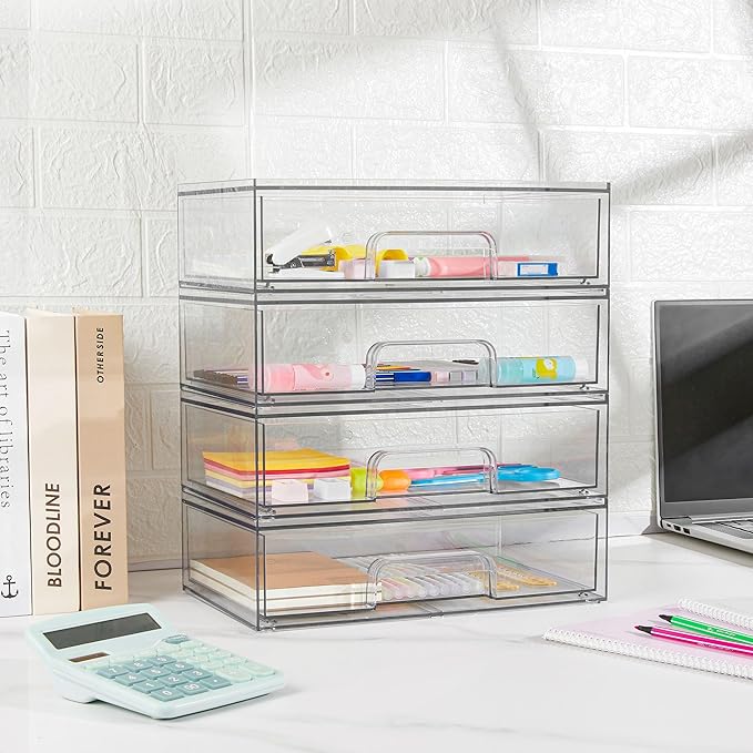 Vtopmart 12.1''W Clear Stackable Storage Drawers,4 Pack Acrylic Plastic Organizers Bins for Makeup Palettes, Cosmetics, and Beauty Supplies,Ideal for Vanity, Bathroom,Cabinet,Desk Organization