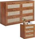 LEYAOYAO Rattan Dresser and Nightstand Set of 2, Boho Wood Dresser for Bedroom with 6 Drawers and Night Stand with 3 Drawer, Bedroom Furniture, Dressers & Chests of Drawers, Living Room, Hallway