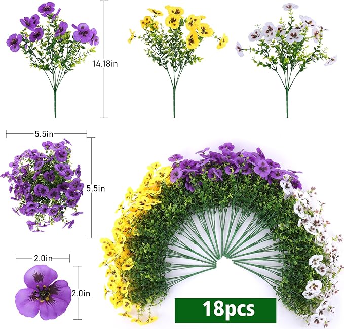 18 Pcs Artificial Fake Pansy Flowers for Outdoor, Faux Silk Pansies Spring Flowers for Outside for Planter Front Door Porch Yard Patio Window Box Home Decor (18, Purple, Yellow, White)