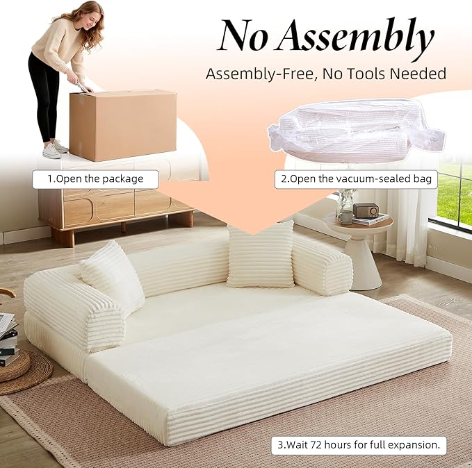 78 Inch Convertible Futon Sofa Bed,Folding Boneless Couch with Sleeper Sofa,Fold Out Floor Sofa Couch with Deep Seat,Cloud Corduroy Foldable Mattress Couches for Living Room(Off White)