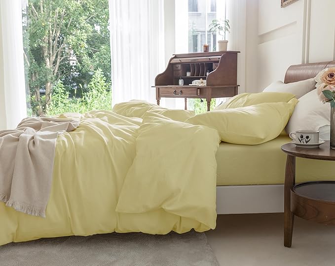 FOSSA Duvet Cover Set 100% Washed Cotton Linen Feel Super Soft Breathable Cozy 3 Pieces Bedding Sets Solid Pastel Yellow King