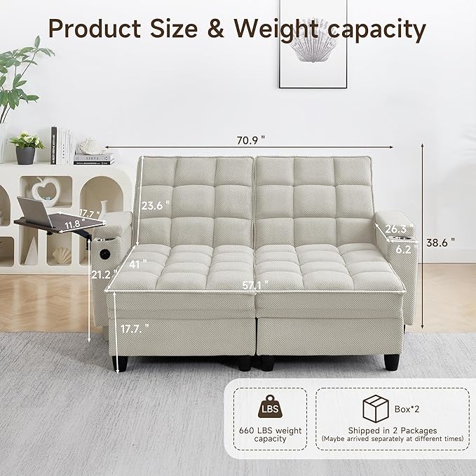 70.9" Chaise Lounge Chair Indoor, Oversized Boucle Upholstered Sofa Bed, Adjustable Backrest Deep Seat Reading Chair, Sofas Couches for Living Room with Storage, Cup Holders & 360° Swivel Side Table