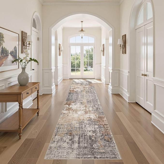 Washable Runner Rug for Hallway: 2.6x12 Neutral Modern Abstract Low Pile Area Rug with Non-Slip Backing - Carpet for Bedroom Kitchen Laundry Entryway Bathroom Indoor - Grey Brown