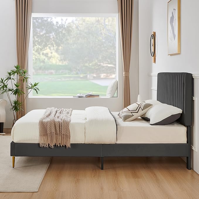 Full Platform Bed Frame, Velvet Upholstered Bedframe with Vertical Channel Adjustable Headboard, Golden Plating Trim, Mattress Foundation with Wooden Slats, No Box Spring Needed, Grey