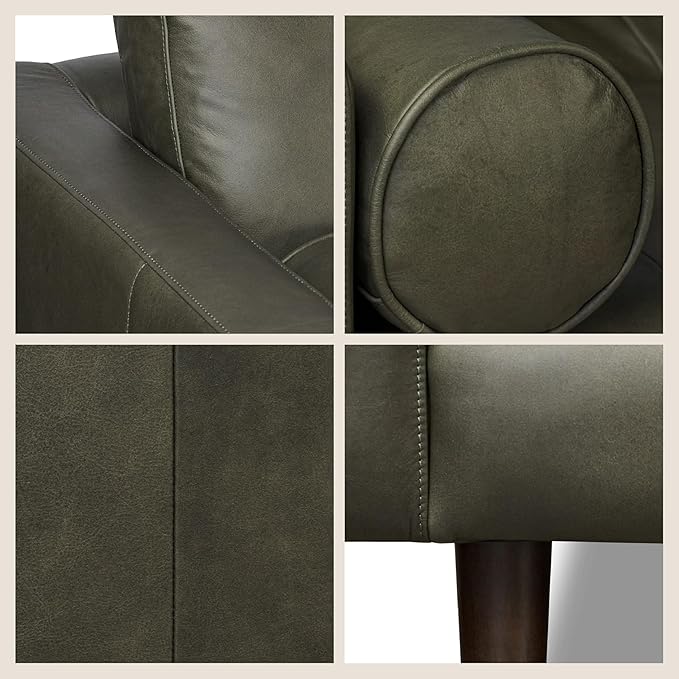 Poly & BARK Napa 88.5" Leather Sofa – Full-Grain Italian-Tanned Aniline Leather, Feather-Down Comfort, Solid Wood Frame, Walnut Legs, Olivine Green
