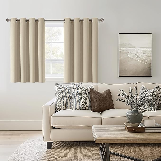 ChrisDowa 100% Blackout Natural Solid Solid Curtains 45 Inches Long 2 Panels for Bedroom Living Room,Farmhouse Room Darkening Thermal Insulated Soundproof Grommet Top Window Treatment Drapes,52x45