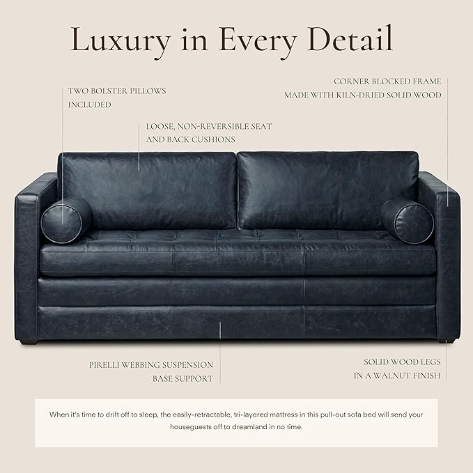Poly & Bark Napa 82" Leather Pull‑Out Sleeper Sofa – Full‑Grain Italian Leather Upholstery,Tri‑Layer Mattress & Storage Console –Sophisticated Multi‑Functional Sofa Bed for Living Rooms & Guest Spaces