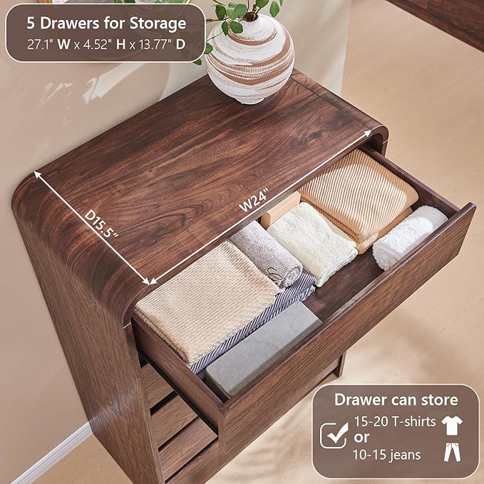 Modern 5 Drawers Dresser for Bedroom, 45" Tall Dressers & Chests of Drawers w/Curved Profile Design, Wood Mid Century Vertical Dresser w/Natural Texture for Bedroom, Living Room, Brown