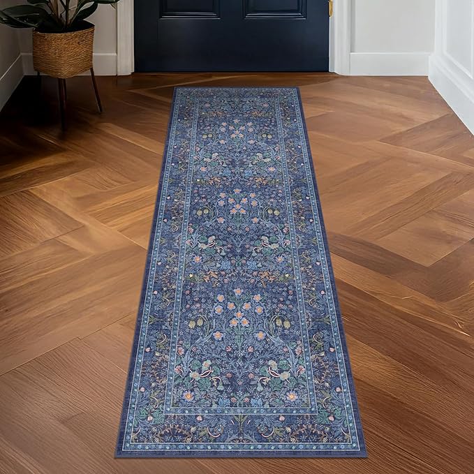 Dark Blue 2x8 Kitchen Rugs - Machine Washable Hallway Runner Non Slip, Floral Pattern Indoor Floor Mats for Entryway, Oriental Design Home Décor