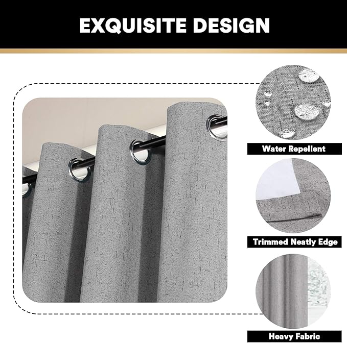 PrinceDeco 100% Blackout Curtains Thermal Curtains for Sliding Glass Door Patio Curtains for Sliding Door Linen Textured Thermal Insulated with White Backing,W100 X L84 Inch, Light Grey