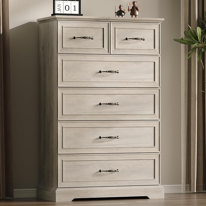 Farmhouse 6 Drawers Dresser for Bedroom, 49" Tall Modern Chest of Drawers with Deep Drawers & Bar Handles, Rustic Wood Dresser TV Stand, Wooden Closet Storage Organizer for Living Room, Hallway, Grey