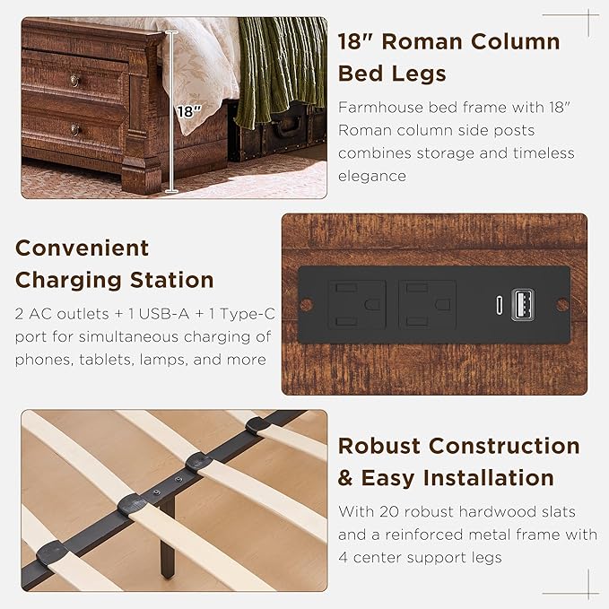 Farmhouse Queen Size Bed Frame with 54" Tall Storage Bookcase Headboard, Wood Platform Bed Frame with 18" Tall Roman Column Decoration Footboard & 2 Drawers, No Box Spring Needed(Reclaimed Barnwood)