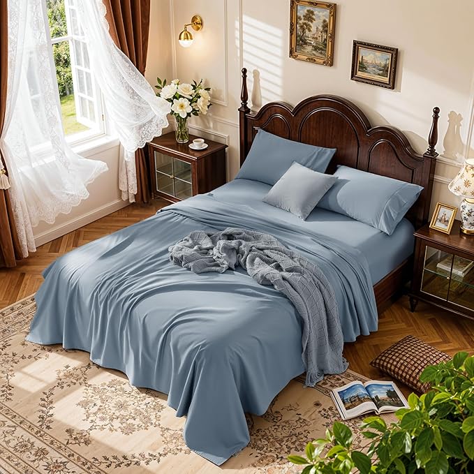 LBRO2M 1000 Thread Count 100% Egyptian Cotton Sheets Set Clifornia King, 4 Piece Sets Bed Sheet Deep Pocket Sheet Set 16" Soft Comfortable All Season (Clifornia King, French Blue)