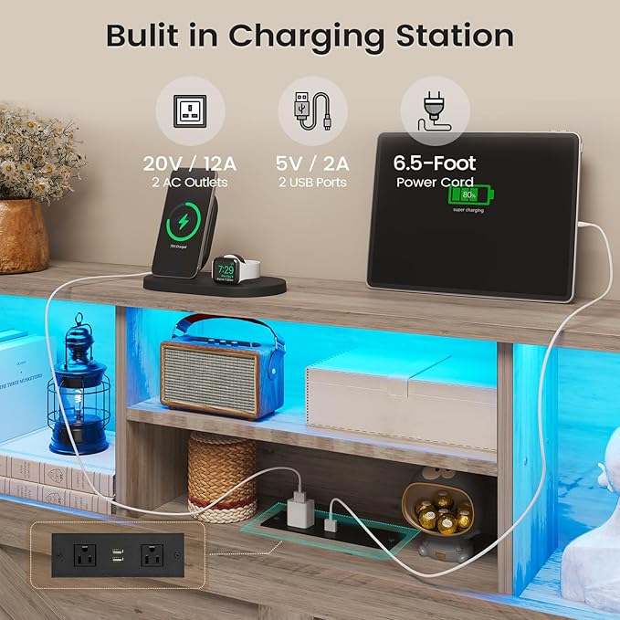 AOGLLATI Twin Bed Frame with 4 Storage Drawers and Charging Station, Farmhouse Wooden Led Twin Bed with Storage Hidden Space Headboard and Metal Slats, Gray