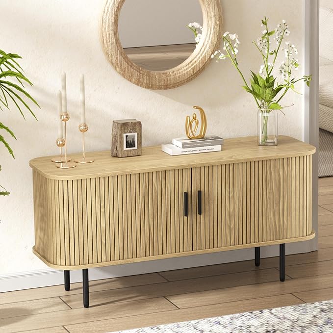 47''W Natural Storage Cabinet, Media Console, Tambour TV Stand; Sliding Door, Fluted Cabinet, Buffet Sideboard, Credenza, Table Stand for Living Room, Kitchen