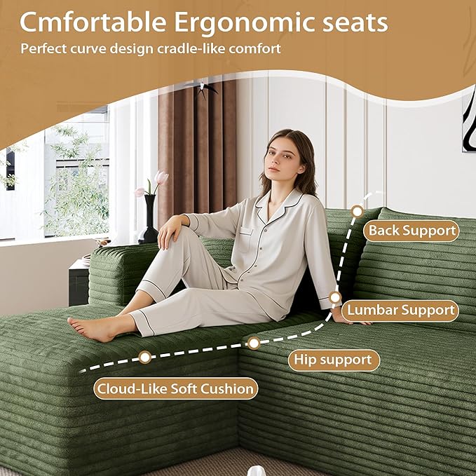 96" Sectional Couches for Living Room Modern Modular Sofa with L-Shape Couchs Upholstered Boneless Couch Deep Seat Sectional Couch with Chaise (Green, 96" Left Facing Chaise+2Seaters)