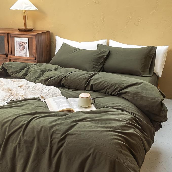 FOSSA Duvet Cover Set 100% Washed Cotton Linen Feel Super Soft Breathable Cozy 3 Pieces Bedding Sets Solid Olive Green King