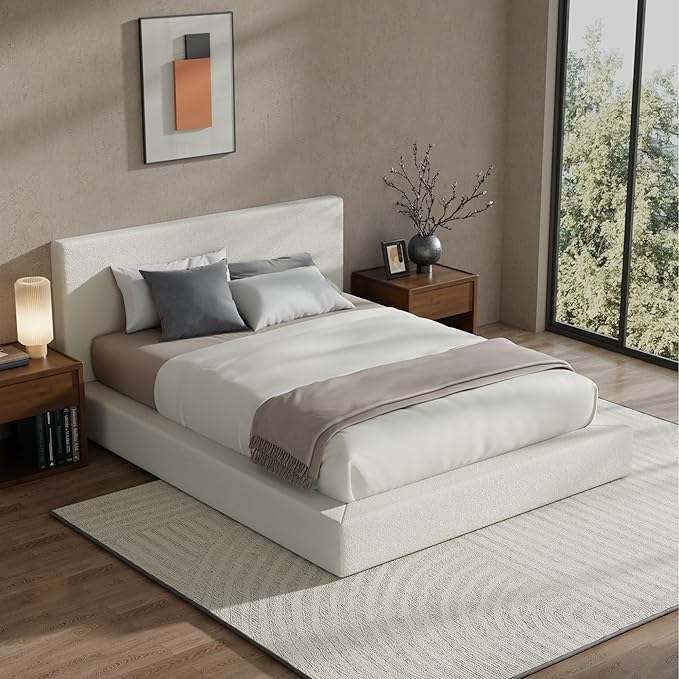 RECCI Cloud Boucle Upholstered Queen Bed Frame with Headboard, 5 Inch Foam Padded Platform, No Box Spring, Easy Assembly(Beige)