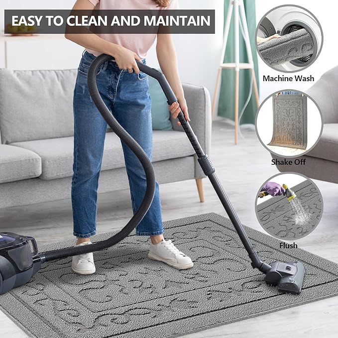 FONEYI Indoor Door Mat, Front Back Door Mat 32"x48" Non-Slip Rubber Backing Door Rug, Machine Washable Entry Rug, Low Profile Absorbent Dirt Trapper Doormat Inside Floor Mats for Entryway, Light Grey