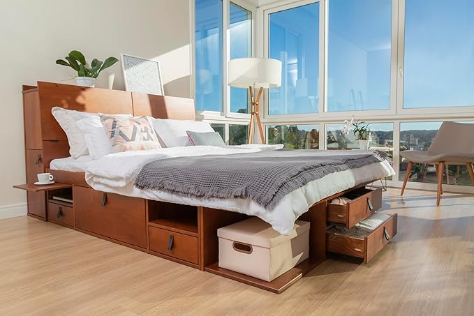 memomad Bali Set: Storage Platform Bed with Drawers + Bookcase Headboard (Queen Size, Caramel Brown Wood)