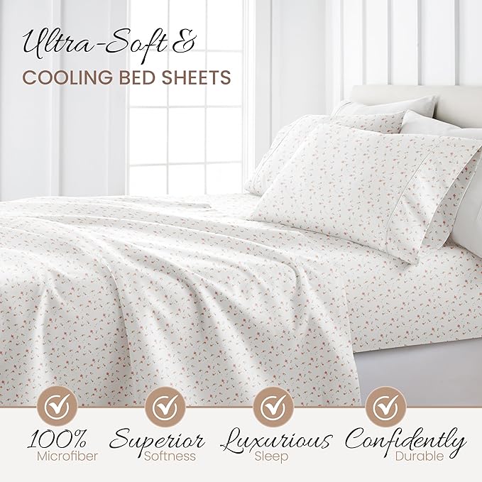 Linen Market Double-Brushed Patterned Microfiber California King Sheet Set 4 Piece – Oeko-TEX Certified Ultra Soft & Wrinkle-Free - 16" Deep Pocket Sheets Easy Care Cal-King Size - Soft Floral Pink