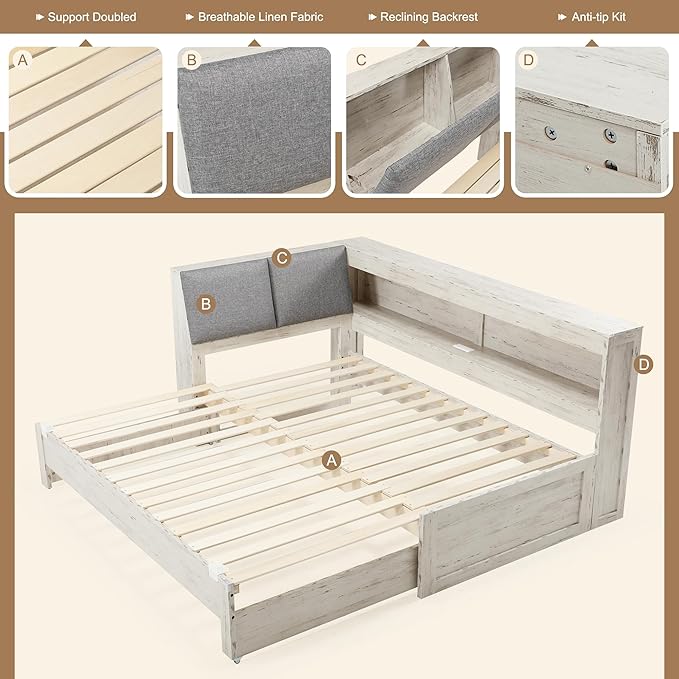 Corner Bed Frame with Extendable Trundle Bed and Bookcase Upholstered Headboard, 3-in-1 Twin Size Wood Daybed with LED Lights and Charging Station, for Bedroom, Guest Room, White