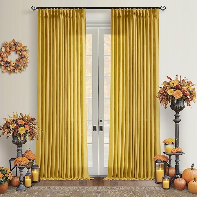 Farmhouse Mustard Yellow Linen Curtains 102 Inches Long for Living Room Pinch Pleated Drape with Hooks Rings for Track System Light Filtering 102 Inch Curtain for Bedroom Sliding Patio Door 2 Panels