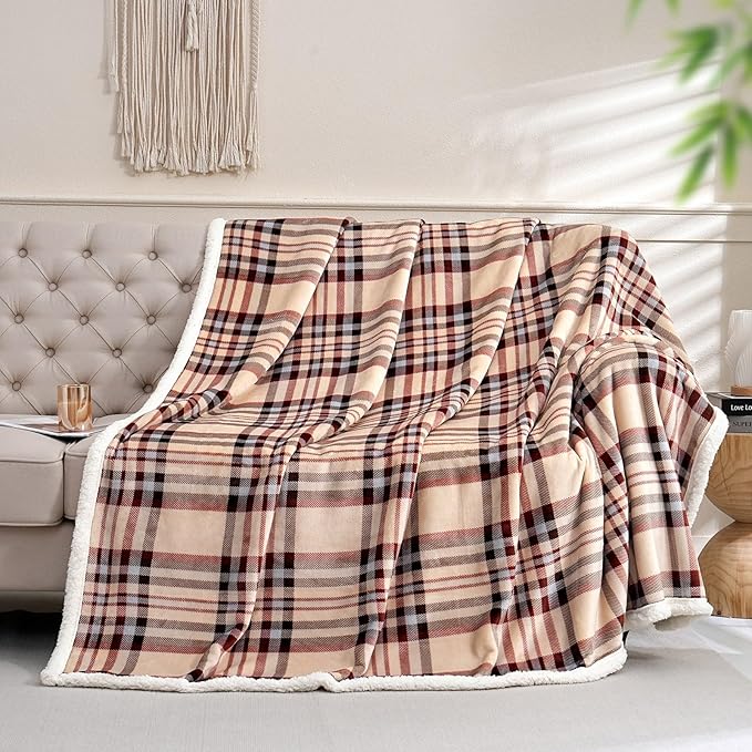 Sherpa Blanket Throw Blanket for Couch Sherpa Fleece Blanket Fluffy Checkered Soft Blanket for All Season Use Cozy Thick Warm Big Throws (Beige-Plaid, 80"*90")